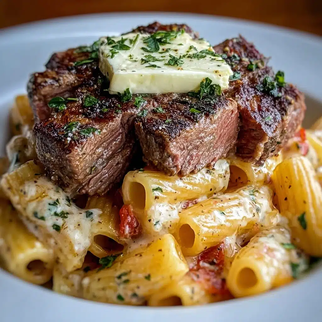 Garlic Butter Steak Tips with Cheesy Rigatoni Recipe