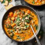 Spicy Peanut Soup with Sweet Potato + Kale Recipe