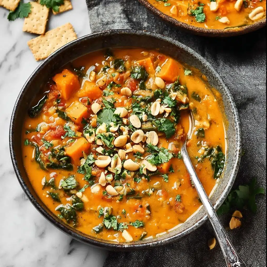 Spicy Peanut Soup with Sweet Potato + Kale Recipe - Recipe Image
