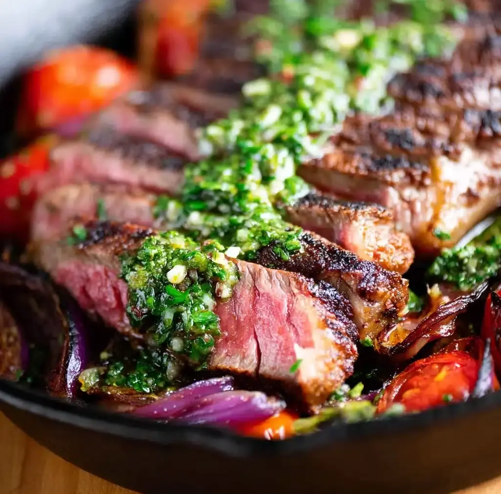 Skillet Flank Steak and Veggies with Chimichurri Sauce Recipe - Recipe Image