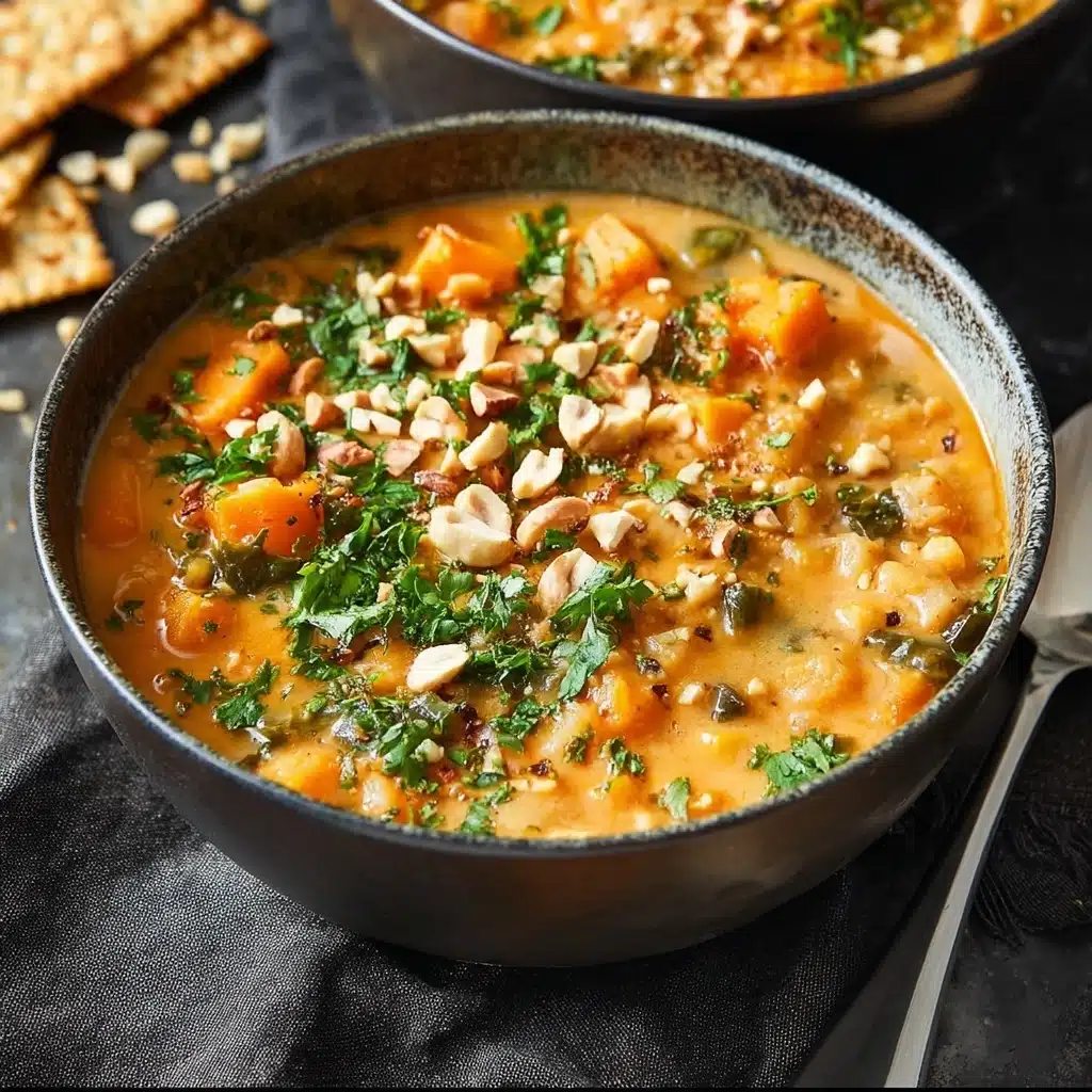 Spicy Peanut Soup with Sweet Potato + Kale Recipe - Recipe Image
