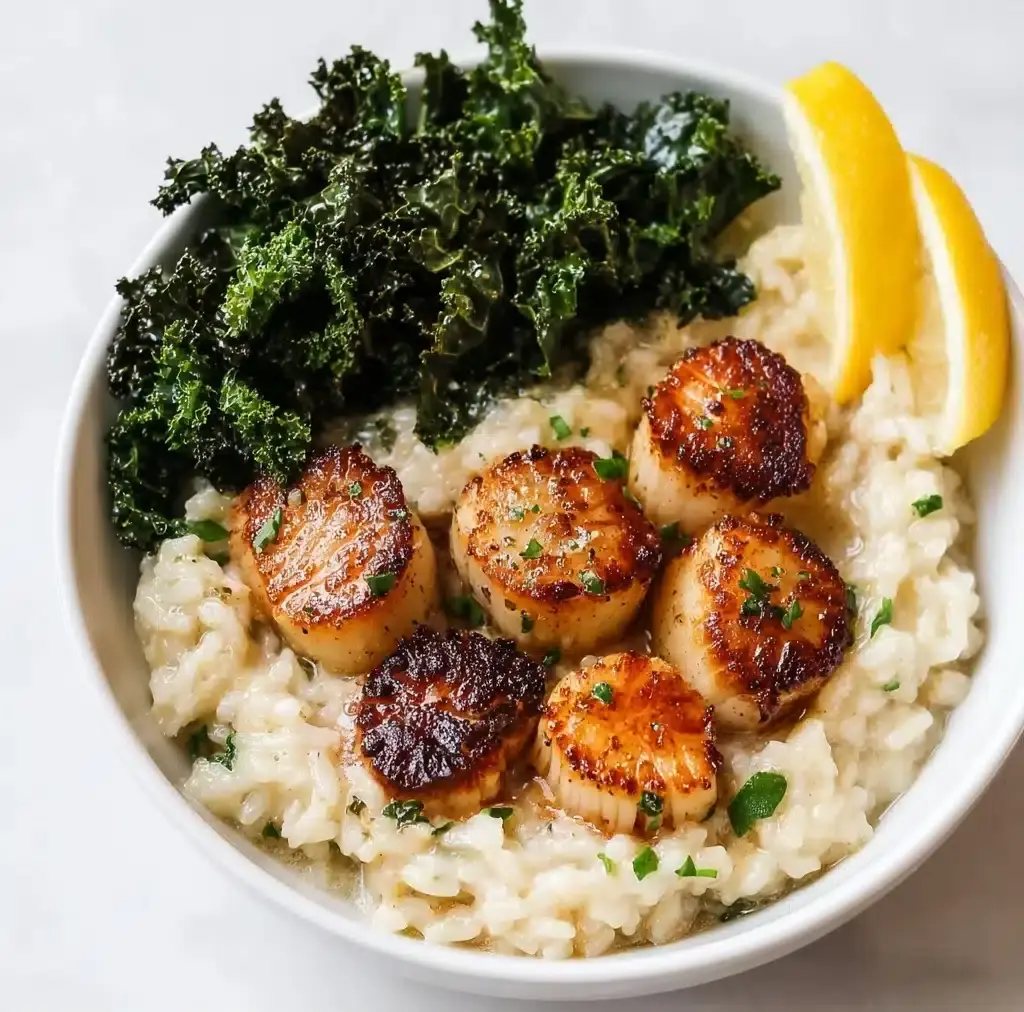 Lemon Chive Butter Seared Scallops with Parmesan Risotto Recipe - Recipe Image