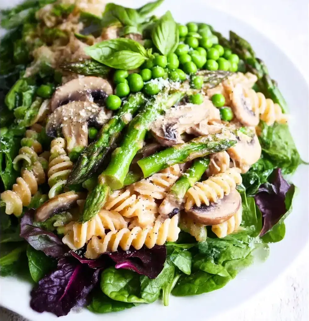 Spring Vegetable Mushroom Pasta Alfredo Recipe - Recipe Image