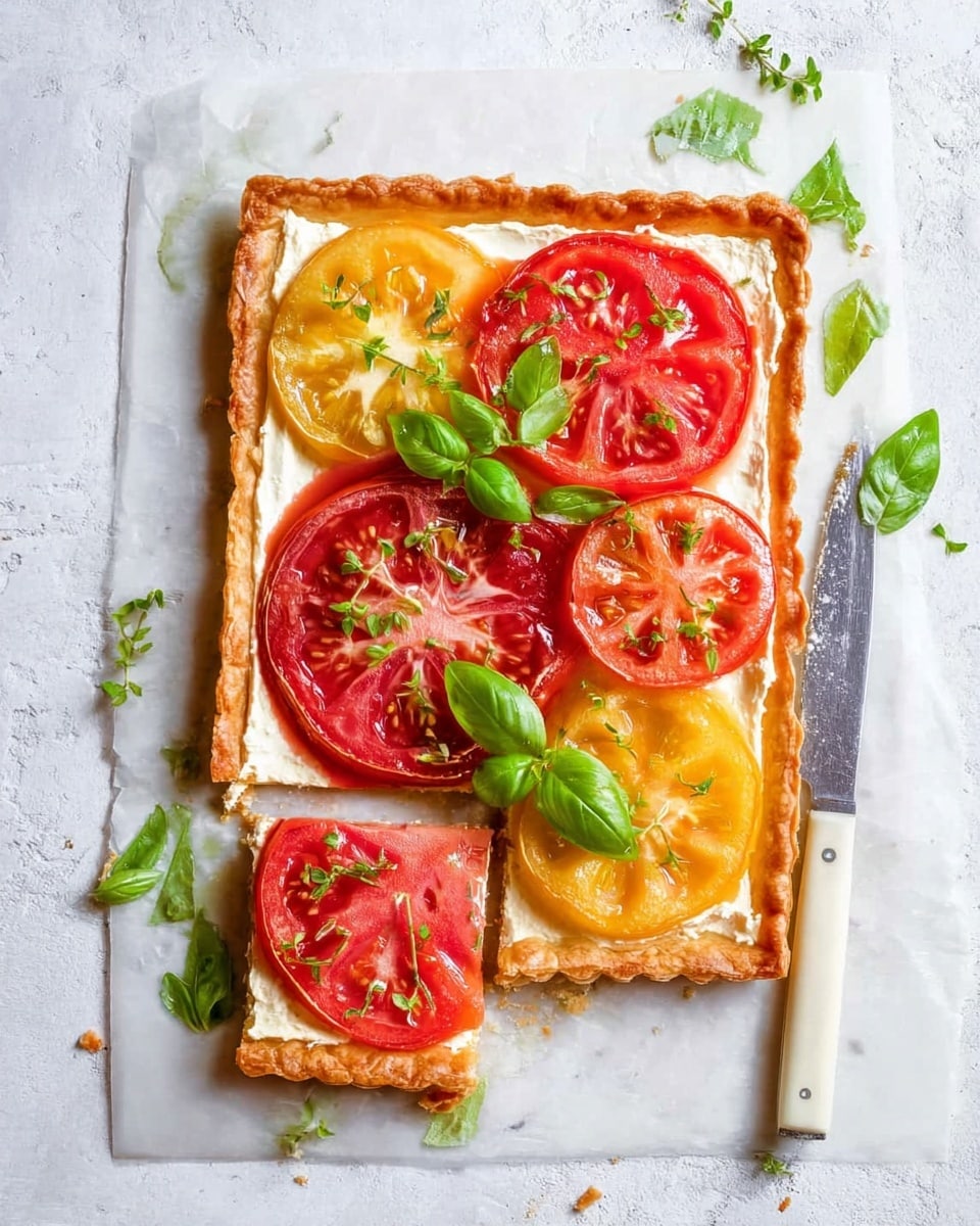 A rectangular tart with three thin layers of golden-brown, crispy crust sits on a white marbled surface. On top, there is a thick layer of smooth creamy white cheese spread evenly. The tart is garnished with large, round slices of red and yellow tomatoes arranged in two rows. Fresh green basil leaves, both whole and thinly sliced, are scattered over the tomatoes, adding bright color and texture. The tart has been cut into squares, with one piece slightly separated. A knife with a white handle lies to the right, and small basil sprigs decorate the surface around the tart. Photo taken with an iphone --ar 4:5 --v 7