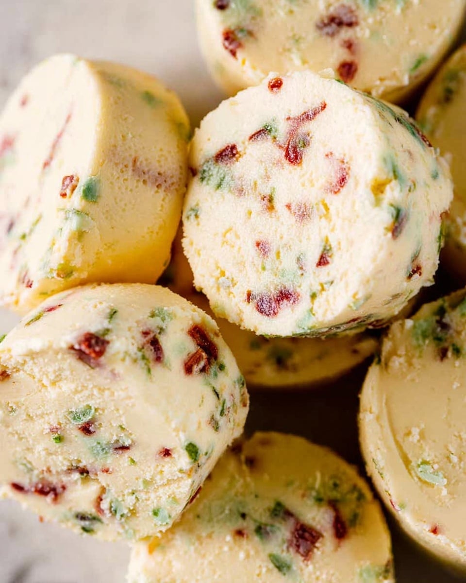 A close-up image shows several small, round, creamy yellow rounds of compound butter stacked together. Each round is speckled with tiny bits of red and green herbs evenly spread throughout, giving a colorful and textured look. The surface of the butter is smooth but slightly porous, showing the softness and creaminess of the butter. The rounds are tightly arranged with some partially overlapping on a white marbled textured surface. photo taken with an iphone --ar 4:5 --v 7