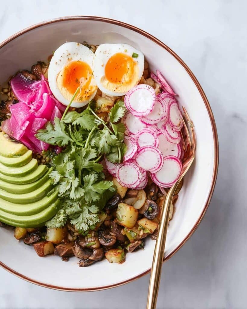 Low Carb Breakfast Bowl with Sausage, Cauliflower, Avocado, and Soft-Boiled Egg Recipe