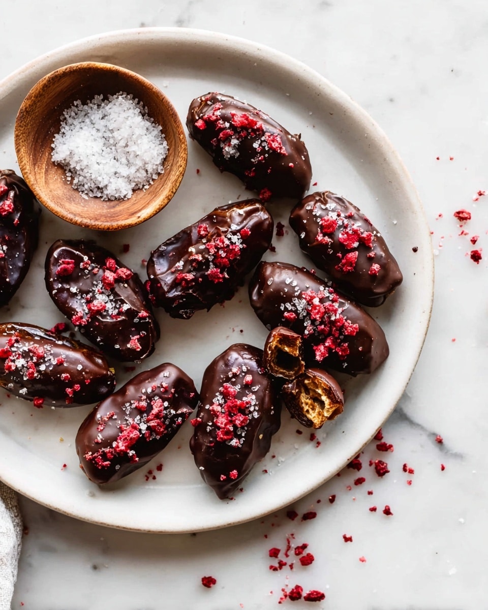 A white round plate with several elongated dates covered in dark chocolate, each one topped with small red crumbs and a few white salt flakes scattered on them. One date is split open showing its golden interior and dark seeds. A small wooden bowl filled with coarse white salt rests among the dates on the plate. The plate is set on a white marbled surface with some small red crumbs around it. photo taken with an iphone --ar 4:5 --v 7