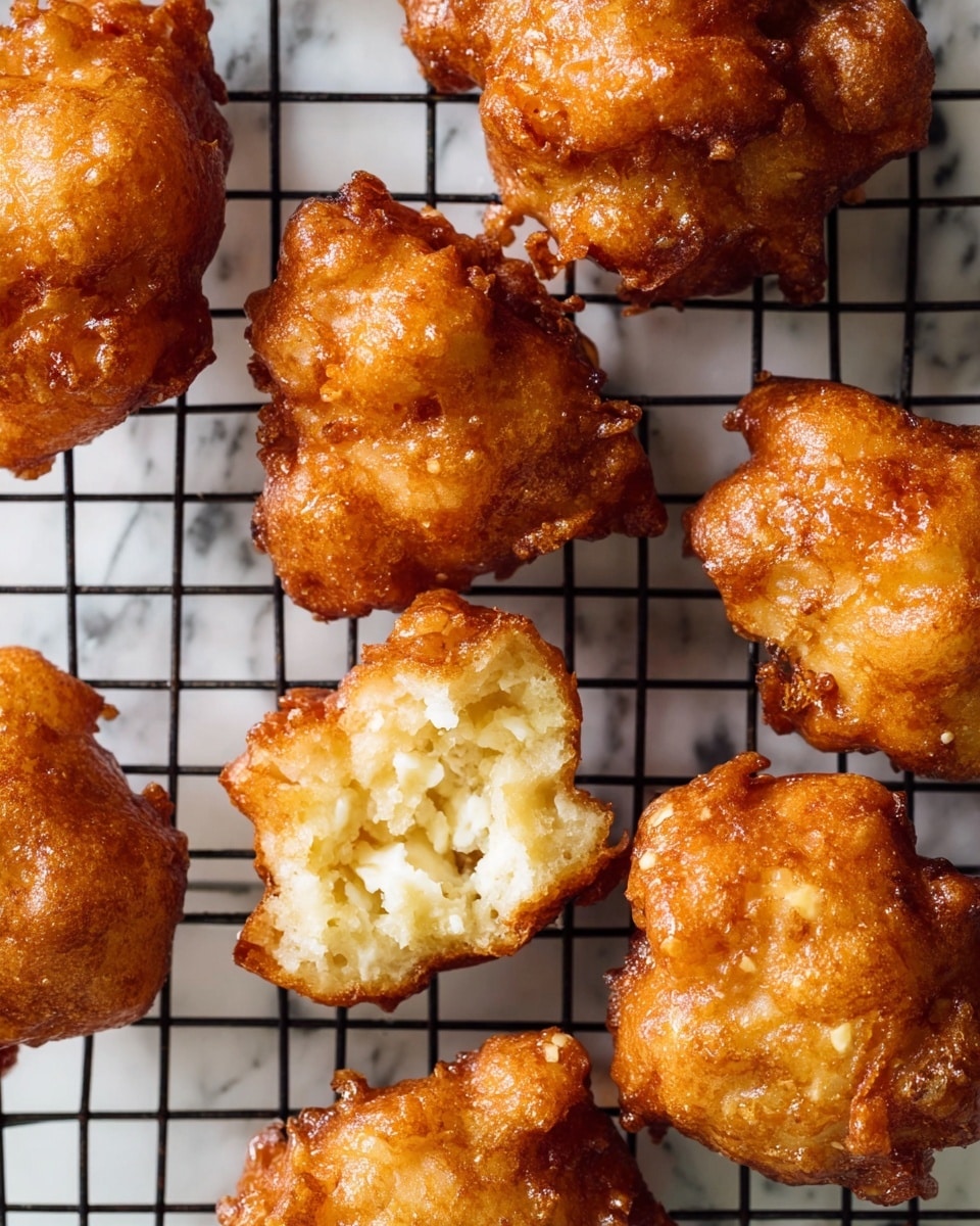 The image shows several golden brown, irregularly shaped fritters with a crisp and slightly shiny glaze on their surface, arranged on a black cooling rack. One fritter is broken open, revealing a soft, light, and fluffy inside with a creamy texture, contrasting with the crispy outer layer. The cooling rack rests on a white marbled surface, enhancing the warm tones of the fried fritters. The overall look is inviting and homemade, with uneven shapes showing their rustic style. photo taken with an iphone --ar 4:5 --v 7