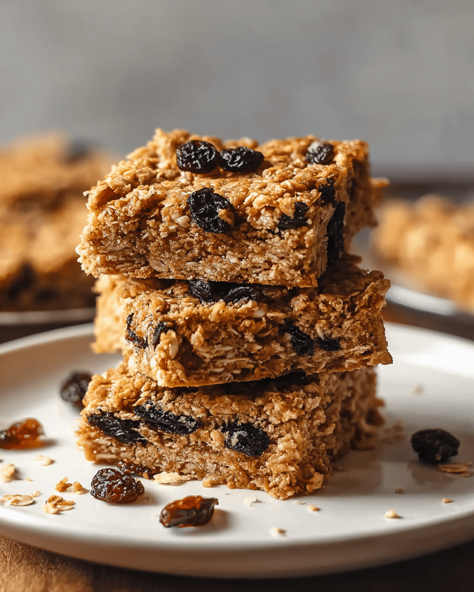 A stack of three oatmeal raisin bars is placed on a white plate, each bar showing a rough, crumbly light brown texture with visible oats and dark raisins embedded throughout. The top bar has raisins scattered on its surface, while the edges are slightly uneven, emphasizing a homemade look. Some crumbs and raisins lie beside the plate on a white marbled texture. The background is softly blurred, highlighting the bars’ detailed texture. photo taken with an iphone --ar 4:5 --v 7