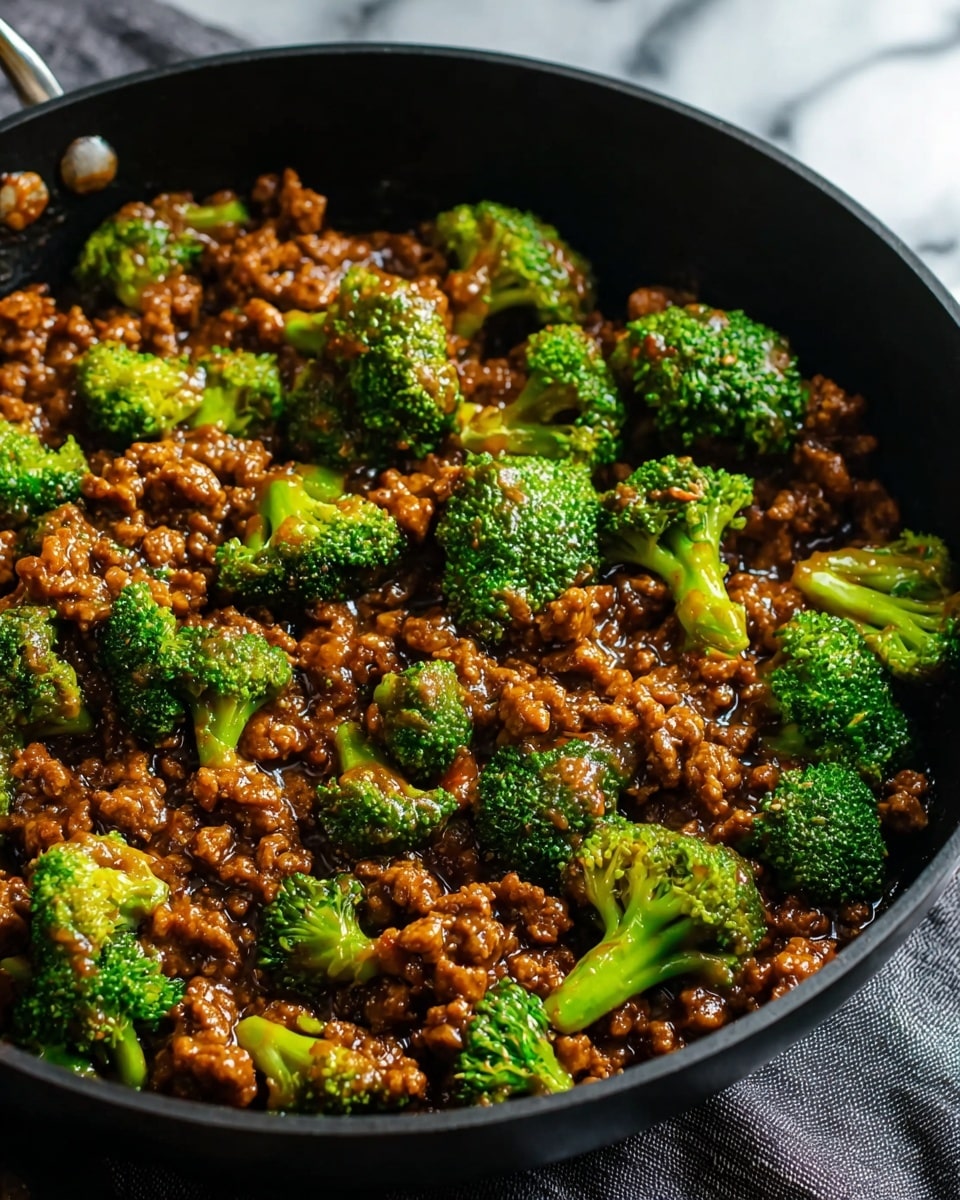 A black pan filled with two main layers: bright green broccoli florets and ground meat coated in a thick, glossy brown sauce, evenly mixed together. The broccoli pieces show texture from the small buds and stalks, while the meat has a crumbly texture with slight shine from the sauce. The background is blurred but shows a grey cloth beneath the pan and a white marbled texture surface. photo taken with an iphone --ar 4:5 --v 7