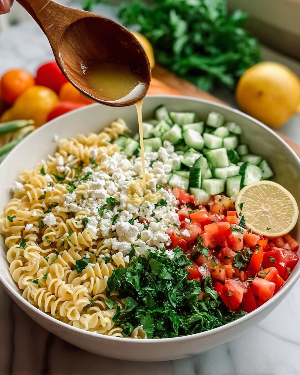 A large white bowl holds a colorful layered salad arranged in sections: light yellow cooked pasta with curly shapes fills one area, next to chopped bright red tomatoes mixed with green herbs. Beside it, fluffy white crumbled cheese sits on top, and diced fresh green cucumbers occupy another section. Dark green leafy parsley fills another part of the bowl. A slice of yellow lemon is placed near the back of the bowl. A woman's hand holds a wooden spoon pouring a light yellow dressing over the salad. The background is soft and blurred with hints of fresh produce, and the bowl rests on a white marbled surface. Photo taken with an iphone --ar 4:5 --v 7