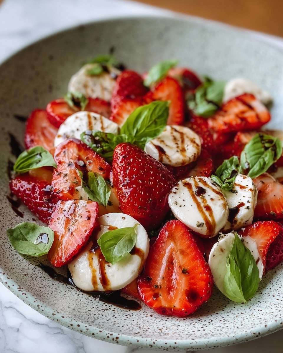The dish shows a close-up of a salad served on a white plate with a speckled gray pattern, resting on a white marbled surface. The salad has two main layers: slices of bright red strawberries, some cut in half showing their juicy texture, and round slices of white mozzarella cheese spread evenly throughout. Fresh green basil leaves are scattered on top, adding a fresh color contrast. A dark brown balsamic glaze is drizzled over the salad in thin lines, adding shine and depth, with a sprinkling of black pepper visible on the mozzarella and strawberries. The mix of red, white, green, and dark glaze creates a vibrant, fresh look. photo taken with an iphone --ar 4:5 --v 7