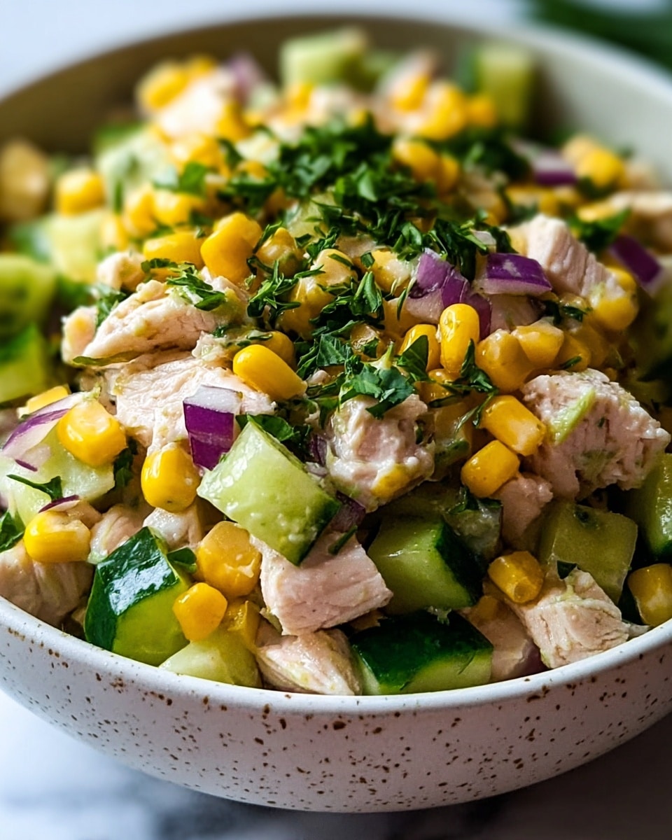 A close-up image of a salad in a white speckled bowl on a white marbled surface, showing layers of cut pieces of light pink cooked chicken, bright yellow corn kernels, small chunks of light green cucumber with dark green skin, diced purple onion, and finely chopped fresh green herbs scattered on top, all mixed together with a fresh, slightly wet texture. photo taken with an iphone --ar 4:5 --v 7