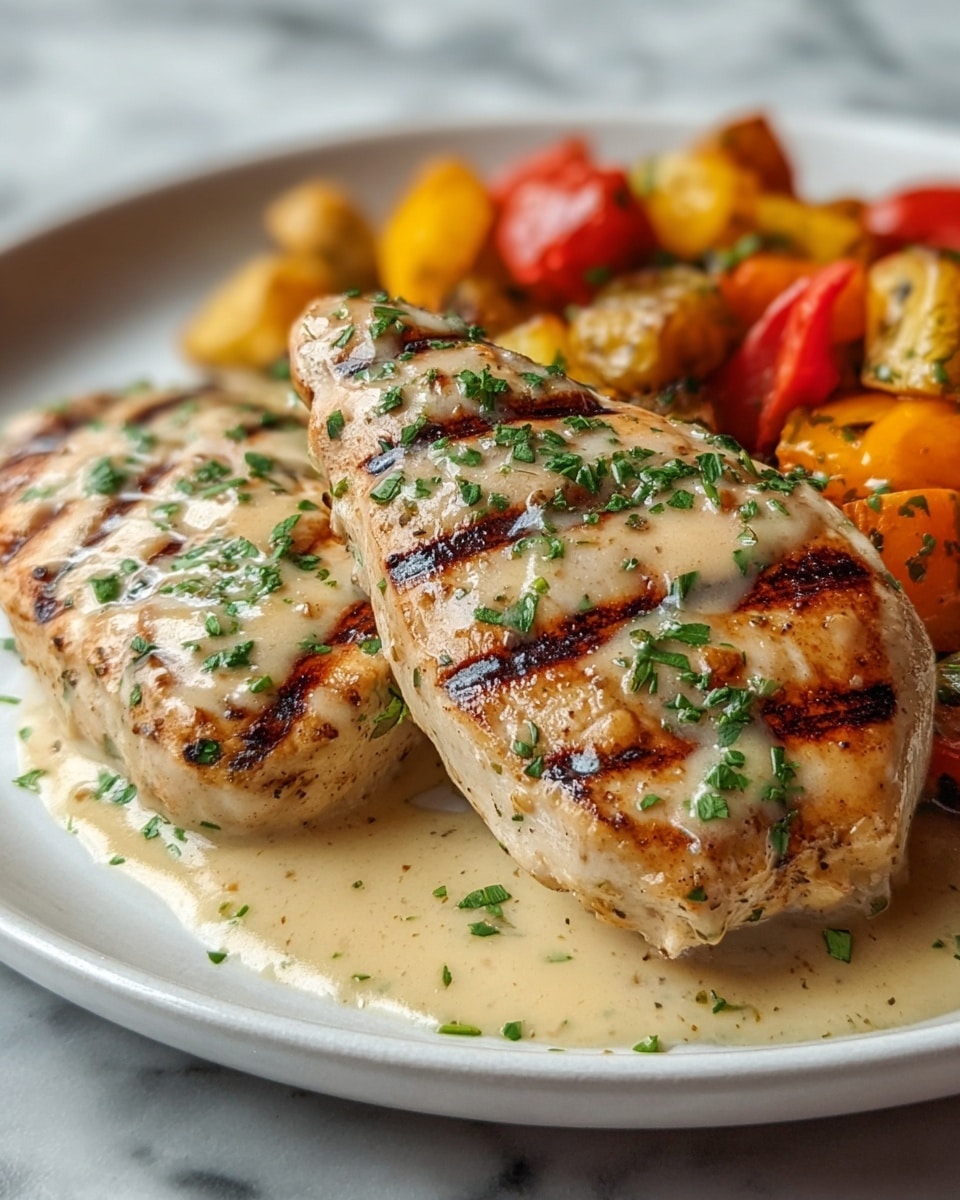 The dish shows two thick grilled chicken breasts with clear grill marks, covered with a creamy light beige sauce, and sprinkled with chopped green herbs on top. Behind the chicken, there is a mix of roasted vegetables in yellow, orange, and red colors, looking soft and slightly caramelized. All this food rests on a white plate placed on a white marbled surface. photo taken with an iphone --ar 4:5 --v 7
