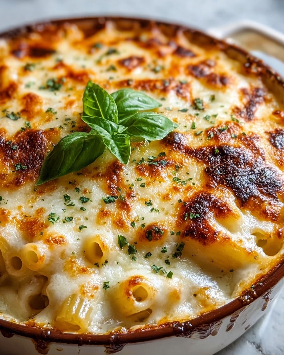 A close-up of a baked pasta dish in a white ceramic round baking dish with a brown rim, showing one thick top layer of melted cheese that is golden brown and bubbly with slightly charred spots. The cheese has a creamy, smooth texture with small green herb sprinkles scattered across the surface. In the center, a small bunch of fresh green basil leaves adds a pop of color. The edges reveal a few tubular pasta pieces under the cheese. The dish rests on a white marbled textured surface. photo taken with an iphone --ar 4:5 --v 7