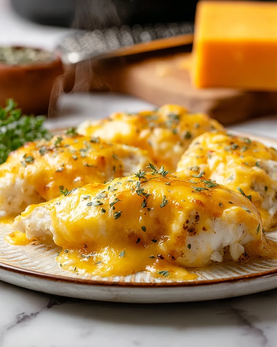 A close-up of four pieces of fish topped with a thick, melted layer of golden yellow cheese that is slightly browned in spots, with small green herb sprinkles scattered on top; the fish underneath appears white and flaky, contrasting with the creamy cheese layer. The dish is served on a white plate with a textured rim, set against a white marbled surface, with steam rising softly from the hot cheese. In the background, an out-of-focus block of orange cheese and a grater add to the context of the dish. photo taken with an iphone --ar 4:5 --v 7