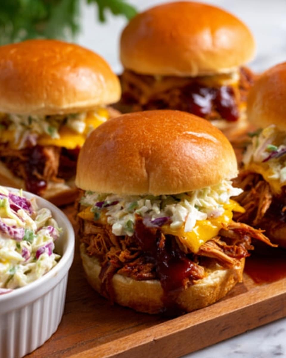 A close-up image of three pulled pork sandwiches on soft, shiny golden brown buns placed on a wooden board, each sandwich layered with tender dark brown pulled pork, melted yellow cheddar cheese, and a thick layer of reddish-brown barbecue sauce, topped with creamy white coleslaw with green and purple bits. Next to the sandwiches is a white bowl filled with more coleslaw. The background is a white marbled texture. The photo is taken with an iphone --ar 4:5 --v 7