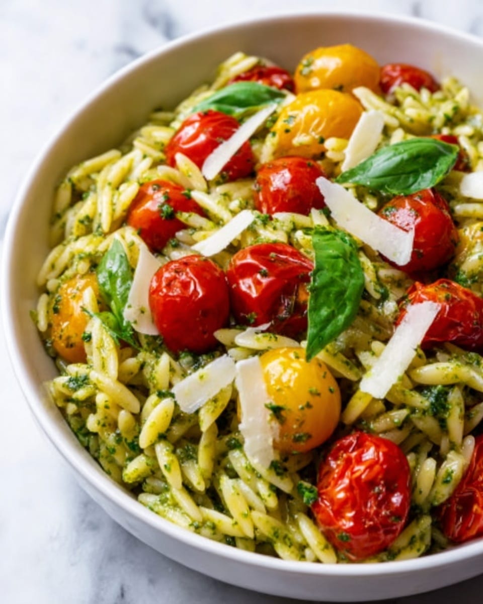 A white bowl filled with a colorful pasta dish featuring three layers: the bottom layer is small, rice-shaped orzo pasta coated with bright green pesto sauce, mixed evenly throughout; the middle layer includes roasted cherry tomatoes in red and yellow, scattered on top, with fresh basil leaves adding vibrant green accents; the top layer is thin, white slices or shavings of cheese sprinkled gently over the pasta and tomatoes. The bowl sits on a white marbled surface that enhances the fresh and vibrant look of the dish. photo taken with an iphone --ar 4:5 --v 7