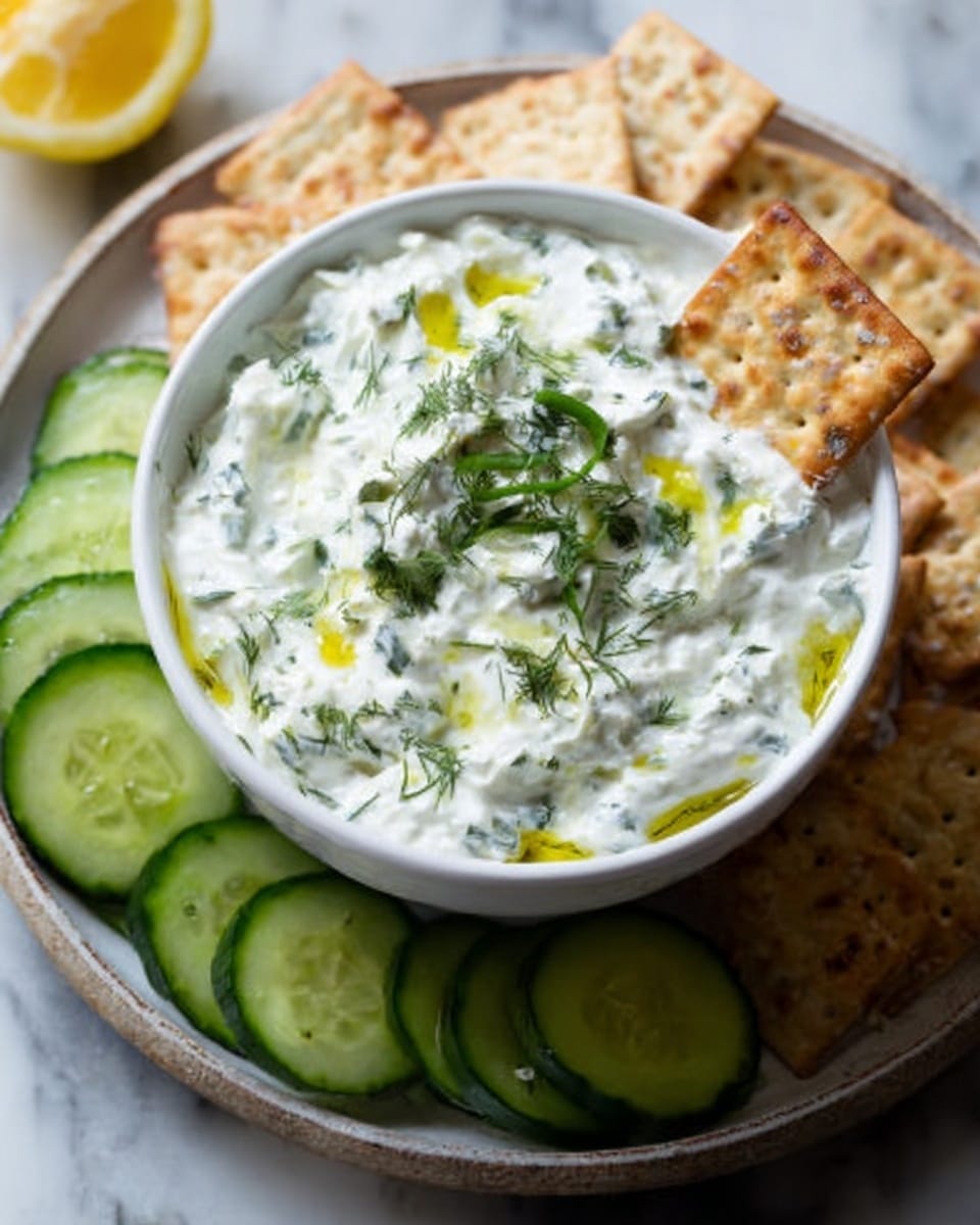 The image shows a white bowl filled with a creamy white dip mixed with small green herb pieces. On top, some fresh green herbs and a drizzle of olive oil add color and texture. A square cracker is partially dipped into the bowl on the right side. Around the bowl, slices of dark green cucumber and more square crackers sit on a round white plate with a white marbled surface underneath. Photo taken with an iphone --ar 4:5 --v 7