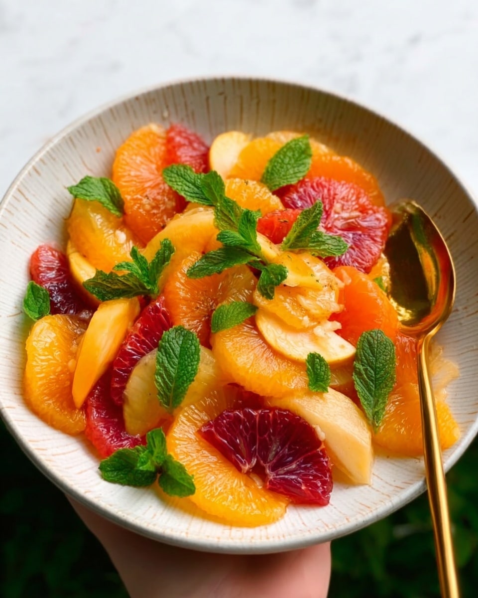 A white bowl filled with a bright, colorful fruit salad made of layered slices of orange, red grapefruit, and light yellow peach or nectarine pieces. On top, there is a sprinkle of fresh green mint leaves, adding a fresh look. A gold spoon is placed on the right side inside the bowl. The bowl is held by a woman's hand over a white marbled texture surface. photo taken with an iphone --ar 4:5 --v 7