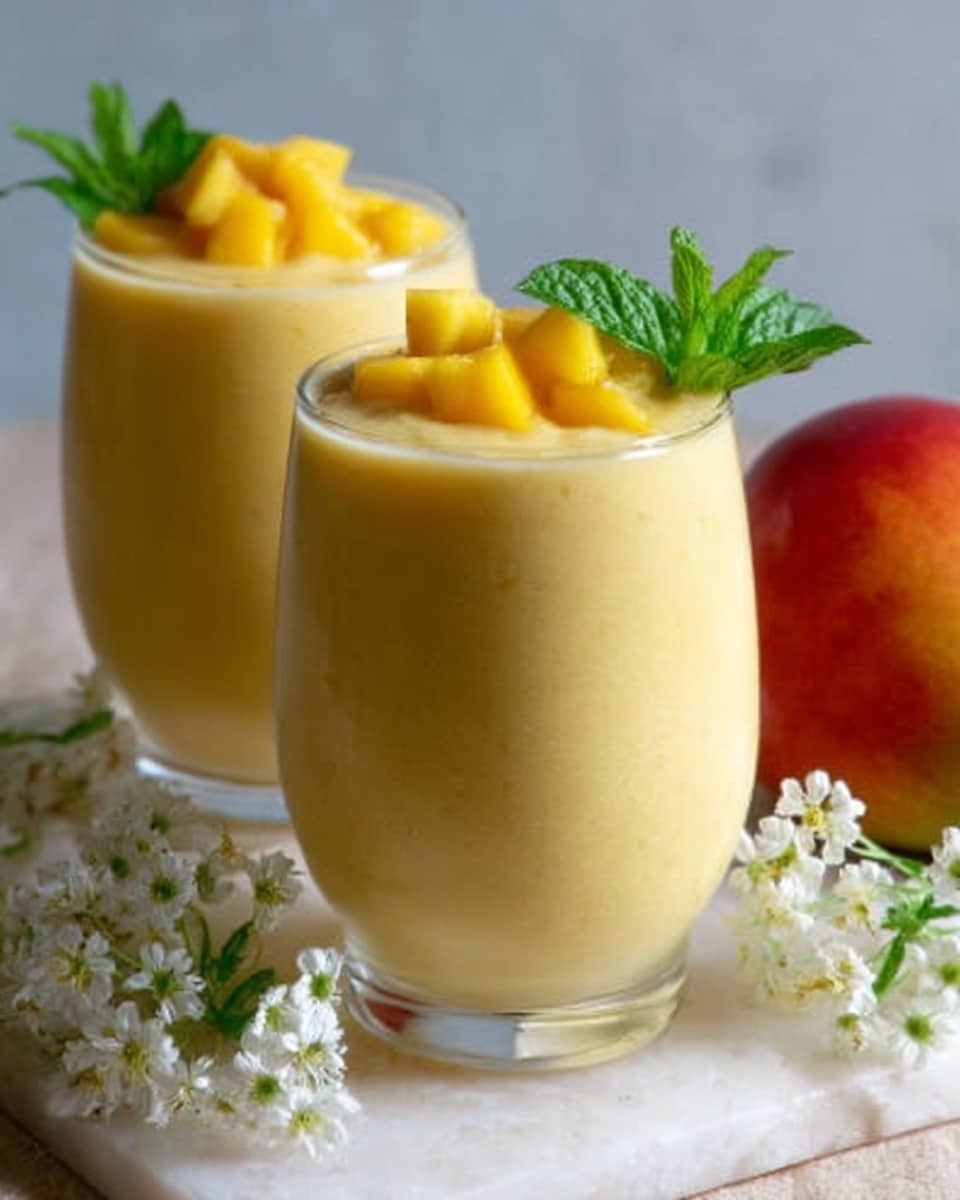 The image shows two clear glasses filled with a creamy, pale yellow mango smoothie. Each glass has a soft, smooth texture and is topped with small chunks of mango and a fresh green mint leaf. The glasses sit on a white marbled surface next to small white flowers and a whole ripe mango with red and orange skin. The background is softly blurred, bringing focus to the rich, thick drink. Photo taken with an iphone --ar 4:5 --v 7