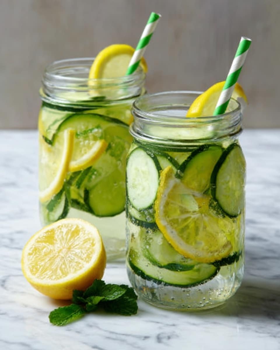 Two clear glass jars filled with a refreshing drink are placed on a white marbled surface. Each jar contains several thin cucumber slices and lemon slices floating inside, along with clear liquid and tiny bubbles. A green and white striped straw sticks out from the top of each jar, and a lemon wedge is placed on the rim of one jar. In front of the jars, a half lemon lies on the surface beside a small bunch of green mint leaves. The lighting is bright, making the drink look fresh and cool. Photo taken with an iphone --ar 4:5 --v 7