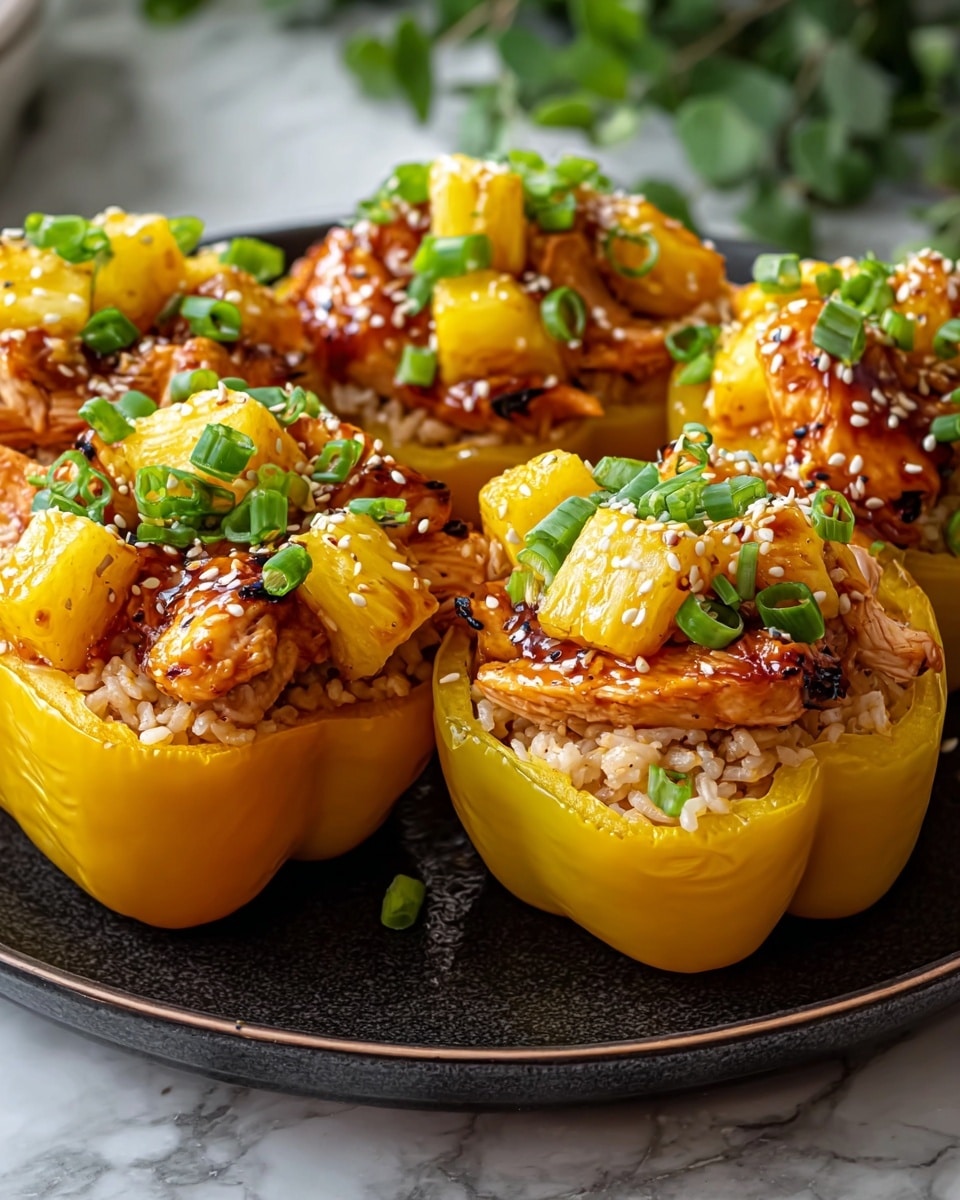 The image shows five yellow bell pepper halves placed on a dark plate. Each pepper half is filled with a layer of light brown cooked rice at the bottom, topped with small pieces of grilled chicken glazed with a shiny, slightly charred sauce. On top of the chicken are bright yellow grilled pineapple chunks and some scattered green chopped scallions. White sesame seeds are sprinkled over the whole dish. The plate is on a white marbled surface with some blurred greenery in the background. photo taken with an iphone --ar 4:5 --v 7
