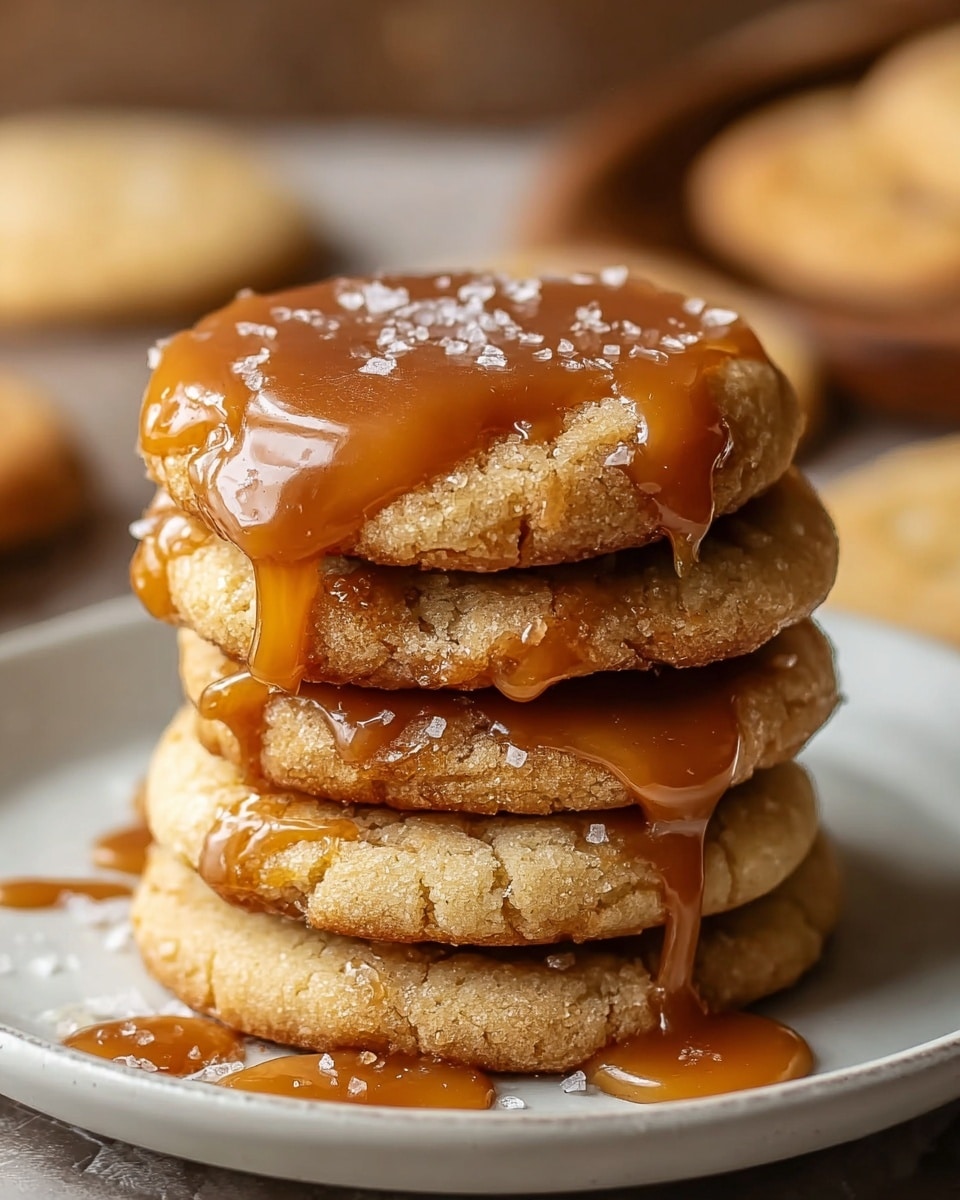 A stack of four thick, golden-brown cookies with slightly crispy edges is placed on a white plate. Each cookie has a soft texture showing through cracks on the surface. A thick layer of rich, glossy caramel sauce drips down from the top cookie, flowing over the edges and pooling a bit on the plate. Coarse salt flakes are scattered on the caramel, adding a sparkle to the top layer. The background shows a blurred white marbled texture surface with more cookies lying around. photo taken with an iphone --ar 4:5 --v 7