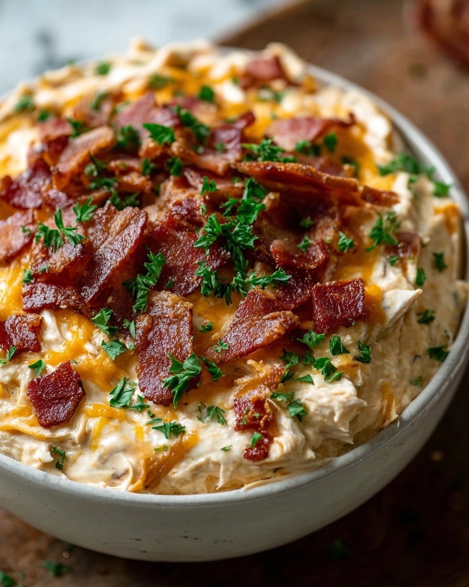 A close-up view of a rich creamy chicken dip in a white bowl showing three main layers; the bottom layer is smooth and creamy, pale yellow with soft chunks of shredded chicken mixed in, the middle layer is melted cheddar cheese adding an orange tint, and the top layer features crispy bacon strips in reddish brown scattered evenly over the dip with sprinkles of green fresh parsley on top for color contrast, all sitting on a white marbled textured surface. photo taken with an iphone --ar 4:5 --v 7