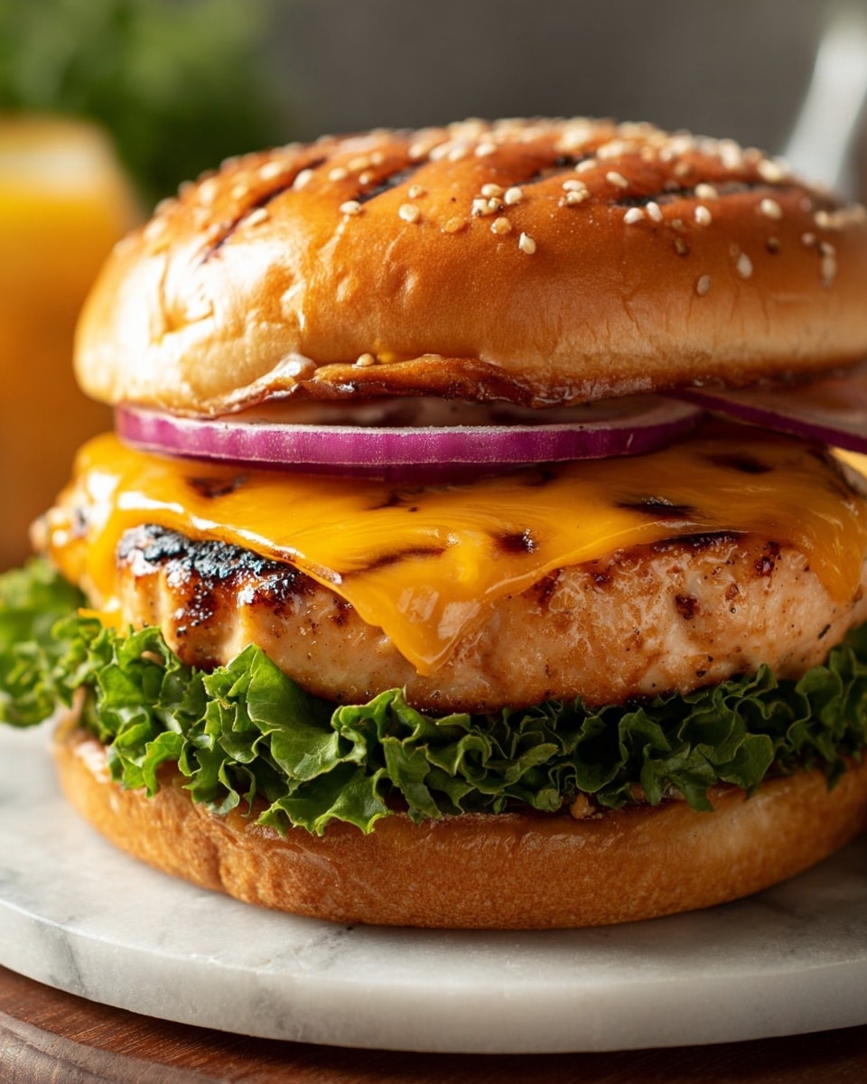 The image shows a close-up of a chicken burger stacked with four main layers. The bottom layer is a soft, toasted burger bun with a light brown color and a slightly crisp edge. Above the bun is a fresh green lettuce layer with a wavy texture. Next, there is a thick grilled chicken patty with a light brown color and some char marks, topped with a melted slice of bright orange cheddar cheese that drapes over the patty. Above the cheese, there is a slice of purple-red onion, thin and crisp. The top layer is a golden brown toasted burger bun with visible grill marks and sprinkled with white sesame seeds. The burger rests on a white plate with a white marbled surface in the background. Photo taken with an iphone --ar 4:5 --v 7