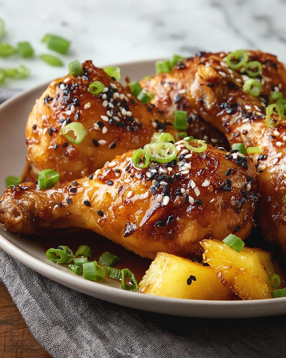The image shows three pieces of golden-brown glazed chicken drumsticks arranged closely on a white plate. The chicken skin is shiny and slightly crispy with a glaze that makes it look juicy. Each piece is topped with small black and white sesame seeds and bright green chopped scallions scattered on and around the chicken. There are also small yellow grilled pineapple chunks placed next to the drumsticks, adding bright contrast. The surface under the plate has a soft gray cloth and the background is a white marbled texture. Photo taken with an iphone --ar 4:5 --v 7