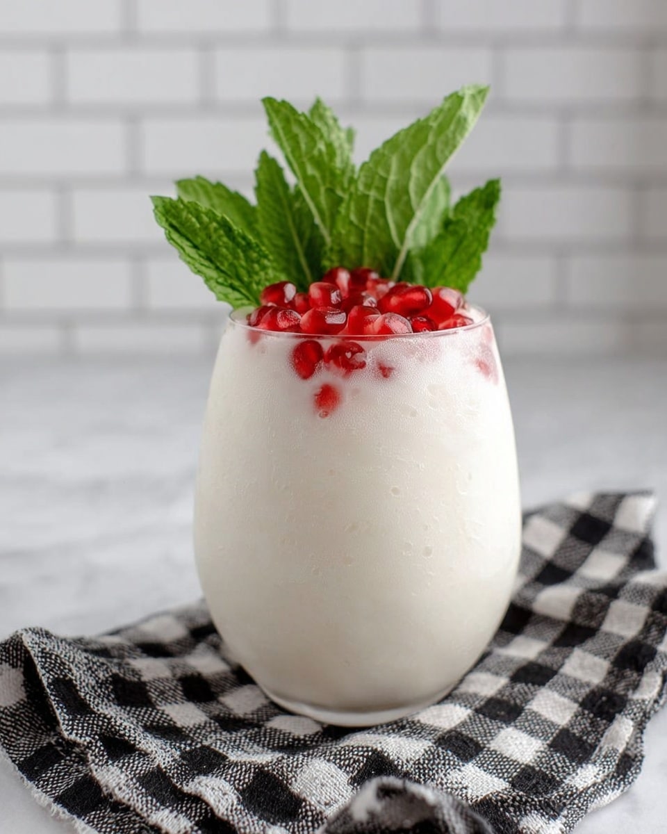 A clear rounded glass is filled with a white creamy drink that has a smooth and slightly icy texture. On top, there is a pile of shiny red pomegranate seeds creating a bright contrast, and behind them, five fresh green mint leaves stand upright, adding height and a leafy texture. The glass sits on a crumpled black and white checkered cloth, all placed on a white marbled surface with a blurry white tiled background. photo taken with an iphone --ar 4:5 --v 7