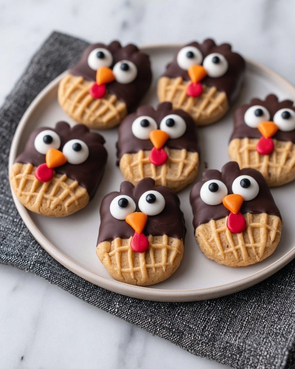 Six peanut-shaped cookies sit on a white plate with a textured black and white cloth underneath. Each cookie has two main parts: the lower part is light brown with a peanut shell pattern, and the upper part is dipped in dark chocolate with a smooth, slightly uneven edge. On the chocolate-covered top, there are two big white candy eyes with black dots for pupils, and a small orange candy for the nose. A red candy detail resembling a wattle is placed to the side of the nose on each cookie. The plate is on a white marbled surface. photo taken with an iphone --ar 4:5 --v 7