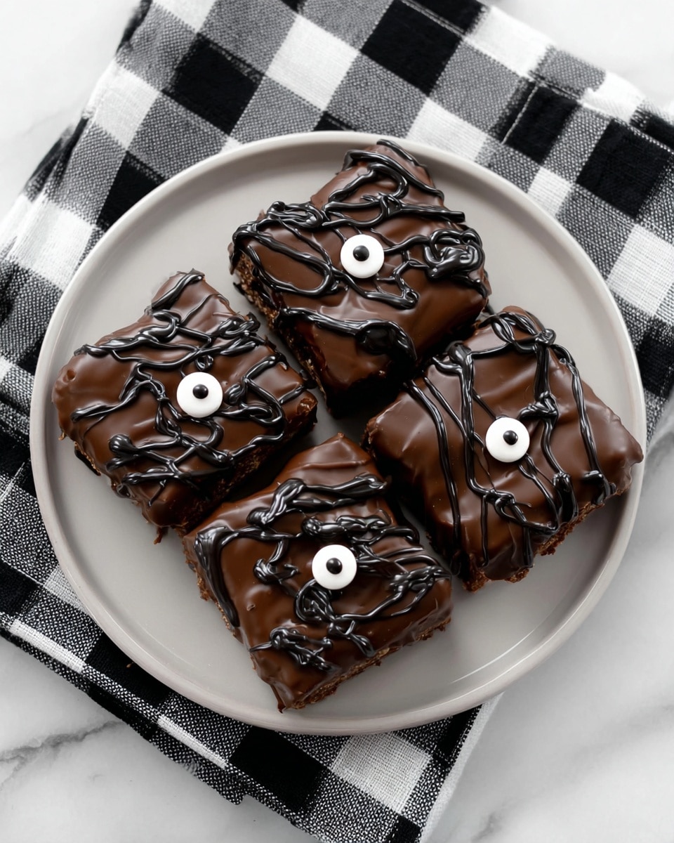 Four square chocolate-covered treats are arranged on a round white plate, each piece topped with a glossy dark chocolate drizzle in irregular swirl patterns and a single small white candy eye near the center. The chocolate coating appears smooth but with subtle ripples and folds in places. The plate is placed on a black and white checkered cloth, all set against a white marbled texture surface. photo taken with an iphone --ar 4:5 --v 7