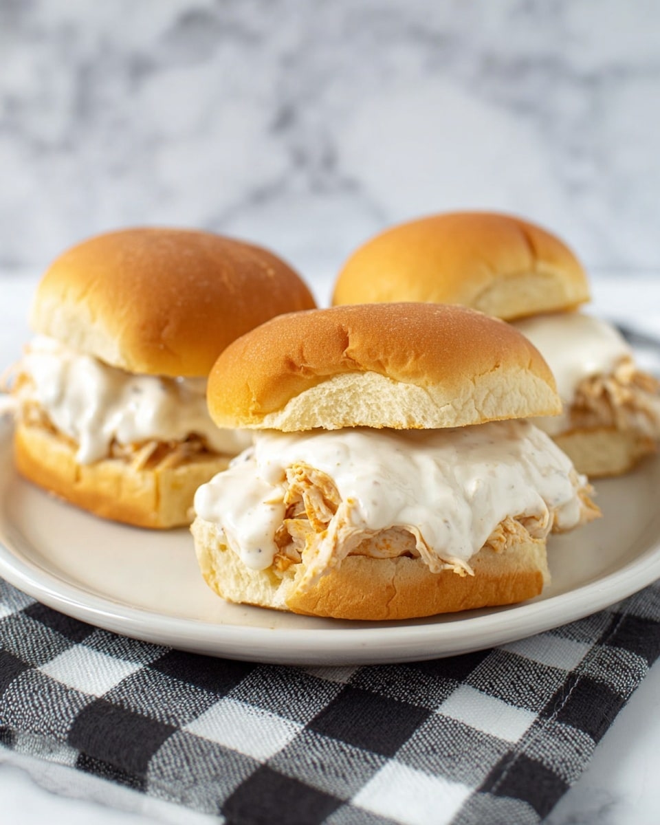 The image shows three small sandwiches on a white plate, placed on a black and white checkered cloth over a white marbled surface. Each sandwich has a soft, golden-brown bun with a slightly cracked top. Inside, there is a visible layer of shredded white chicken meat topped with a thick layer of creamy white sauce spilling out slightly from the bun. The sandwiches are arranged close to each other, filling most of the plate. The background is a soft, out-of-focus white marbled texture. photo taken with an iphone --ar 4:5 --v 7