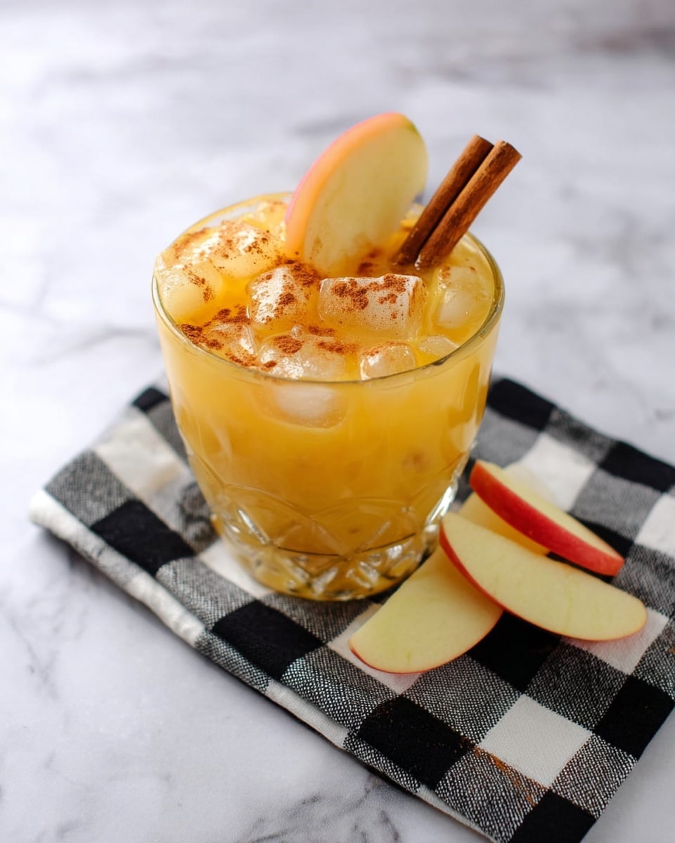 A clear glass filled with a yellow-orange drink topped with small ice cubes, two brown cinnamon sticks standing upright, and a light dusting of cinnamon powder over the ice. There are three thin apple slices—two placed inside the glass around the ice and one resting against the side. The glass sits on a black and white checkered cloth, with two additional apple slices placed beside it on a white marbled surface. photo taken with an iphone --ar 4:5 --v 7