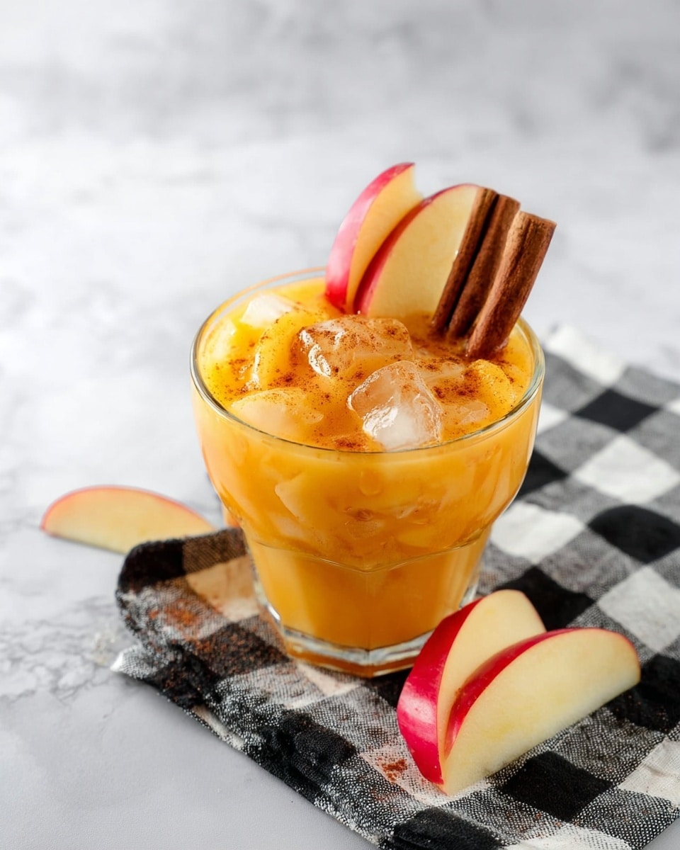 A clear glass cup filled with a bright orange drink, layered with small ice cubes on top. There are two dark brown cinnamon sticks sticking up from the drink, and thin red apple slices around the inside edge of the glass. The drink is sprinkled lightly with cinnamon powder. The glass sits on a black and white checkered cloth, placed on a white marbled surface. Two extra red apple slices rest on the cloth outside the glass. Photo taken with an iphone --ar 4:5 --v 7