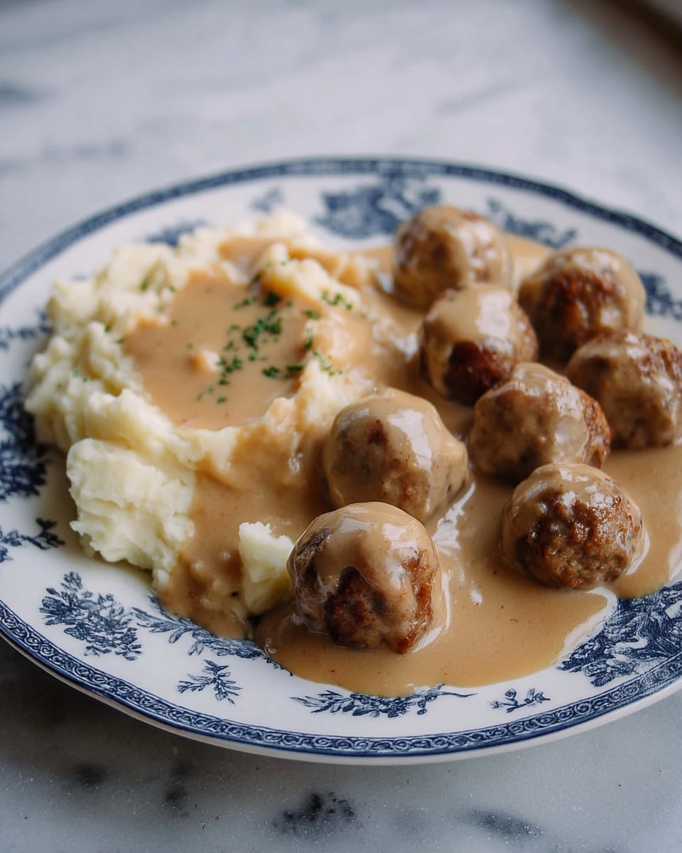 A white plate with blue floral patterns holds a serving of mashed potatoes and meatballs covered in a thick light brown gravy. The mashed potatoes form a soft, uneven layer on the left side of the plate, with the gravy flowing over most of them, showing their creamy white texture underneath. On the right side, roughly ten round, brown meatballs are arranged closely together, each with gravy dripping and pooling around their slightly rough surface. The plate sits on a white marbled texture background, with soft natural light highlighting the glossiness of the gravy. Photo taken with an iphone --ar 4:5 --v 7