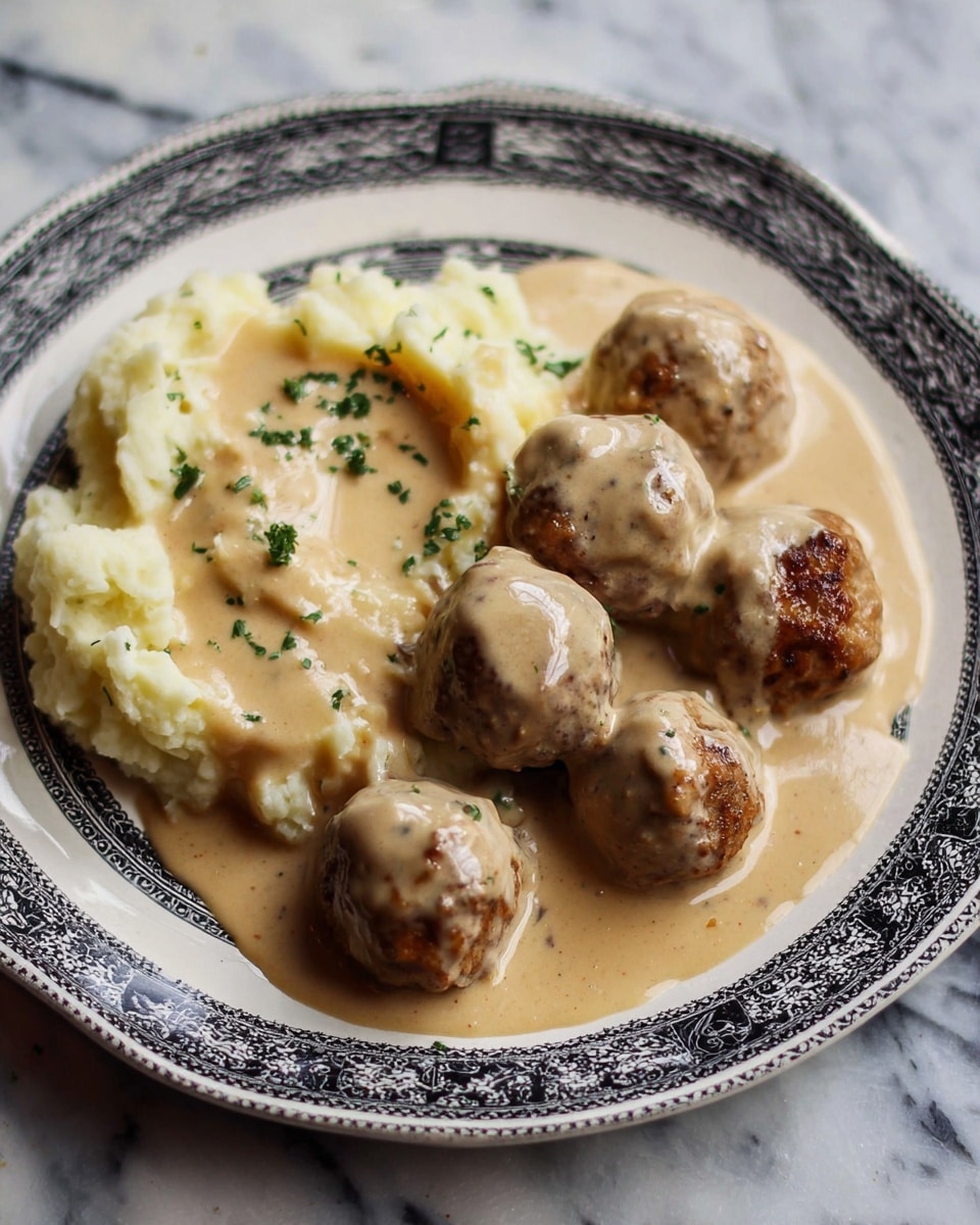 The image shows a white plate with black intricate patterns on the edges, holding a meal of brown meatballs covered in a light brown creamy gravy sauce, placed mainly on the right half of the plate. To the upper left, there is a layer of fluffy mashed potatoes topped with the same gravy sauce, the sauce pools around the meatballs and potatoes, creating a smooth texture over the dish. The background is a white marbled surface. photo taken with an iphone --ar 4:5 --v 7