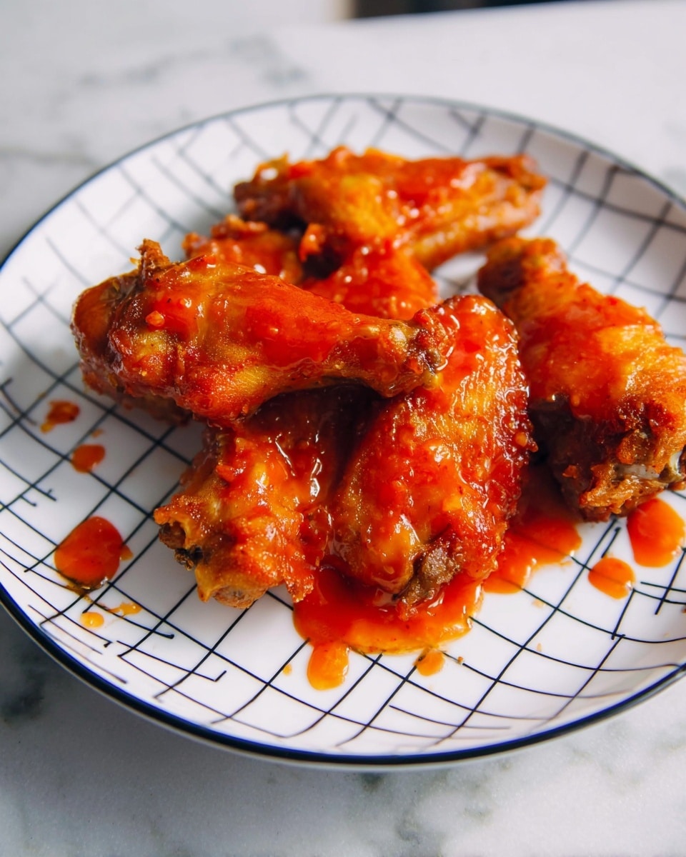 A white plate with a black grid pattern holds five pieces of fried chicken wings. Each wing is covered in a shiny, bright red-orange sauce that looks sticky and spicy. The wings are crispy with a golden brown texture underneath the sauce. The sauce drips slightly onto the plate, creating small pools of red around the wings. The plate sits on a white marbled surface. photo taken with an iphone --ar 4:5 --v 7