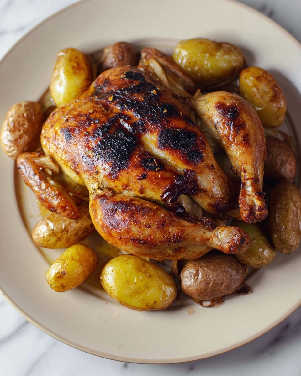 A whole roasted chicken with crispy, charred skin in deep golden brown and black spots is placed in the center of a white plate. Surrounding the chicken are several fingerling potatoes in shades of warm yellow, brown, and golden, with some skins showing a slight crisp texture. The plate sits on a white marbled surface, adding a clean and elegant background to the rustic meal. photo taken with an iphone --ar 4:5 --v 7