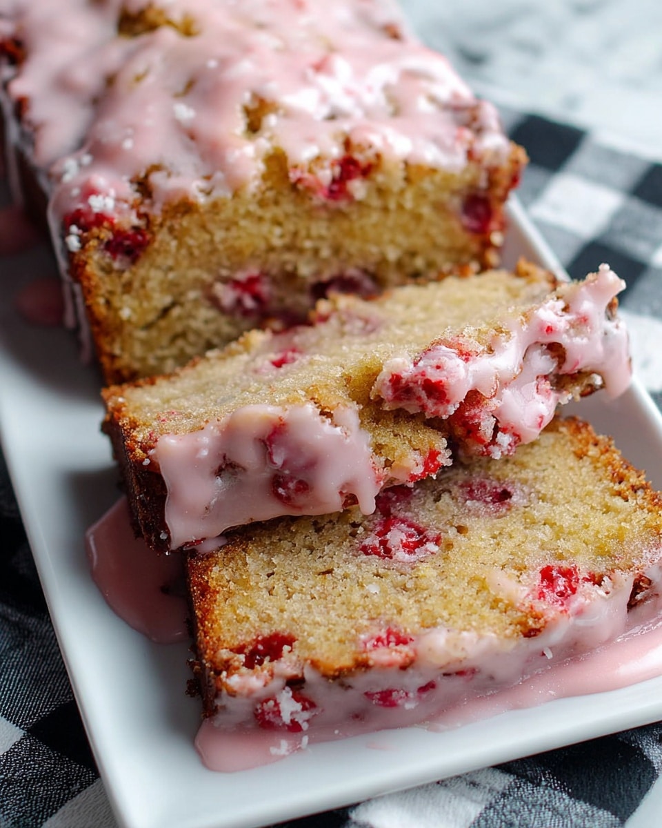 A close-up view of a sliced loaf cake on a white rectangular plate, set on a white marbled texture with a black and white checkered cloth nearby. The cake has a golden brown crust with a slightly crumbly texture and is covered with a thick layer of pink glaze that has small red berry pieces mixed in. The glaze drips slightly over the edges and seeps into the cracked, moist inside of the cake, showing a soft, dense texture with visible bits of red fruit inside. The plate holds three uneven slices with the glaze pooling around them. Photo taken with an iphone --ar 4:5 --v 7
