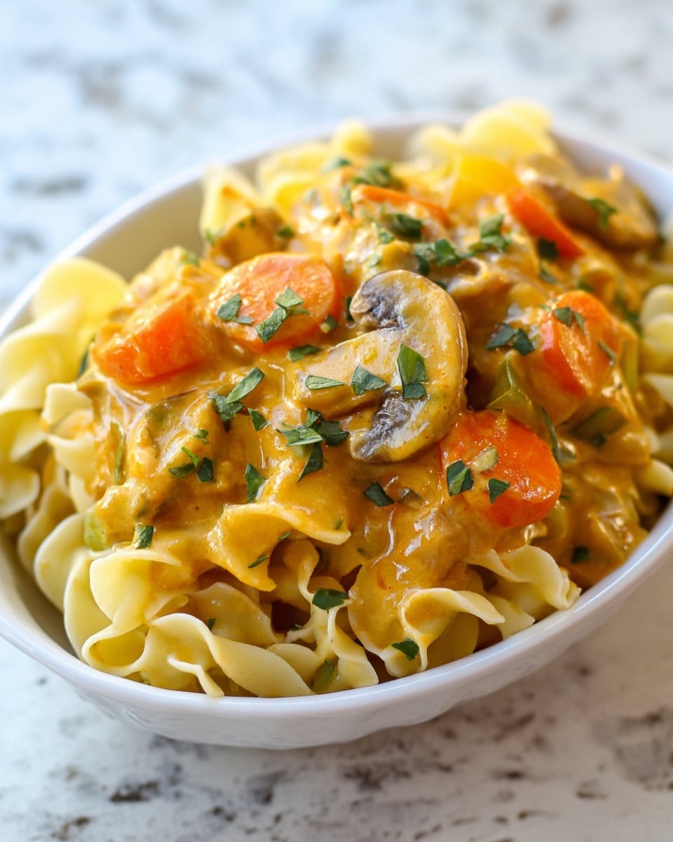 A close-up image of a white oval bowl filled with three layers: the bottom layer is light yellow cooked egg noodles with a soft, curly texture; the middle layer has thick, creamy orange-yellow sauce with visible chunks of cooked vegetables including bright orange carrot slices, green celery pieces, and brown mushrooms; the top layer is garnished with small green herb leaves scattered over the sauce. The bowl sits on a white marbled surface. photo taken with an iphone --ar 4:5 --v 7