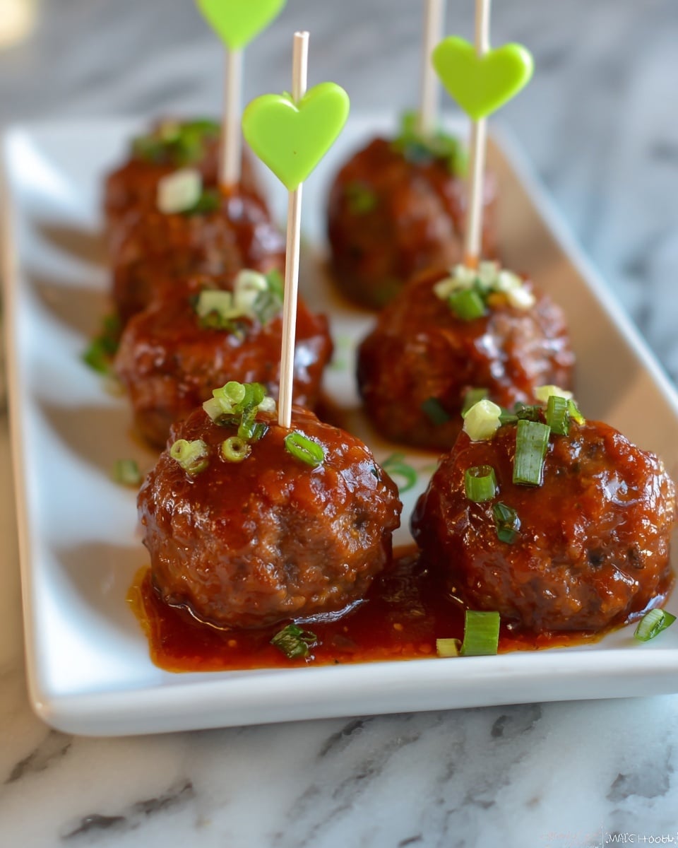 A white rectangular plate holds six shiny meatballs covered in a thick red-brown sauce. The meatballs are garnished with small green onion pieces scattered on top and around the sauce. Each meatball has a small green or white stick with a heart shape on the end inserted from the top. The background shows a white marbled surface beneath the plate. photo taken with an iphone --ar 4:5 --v 7