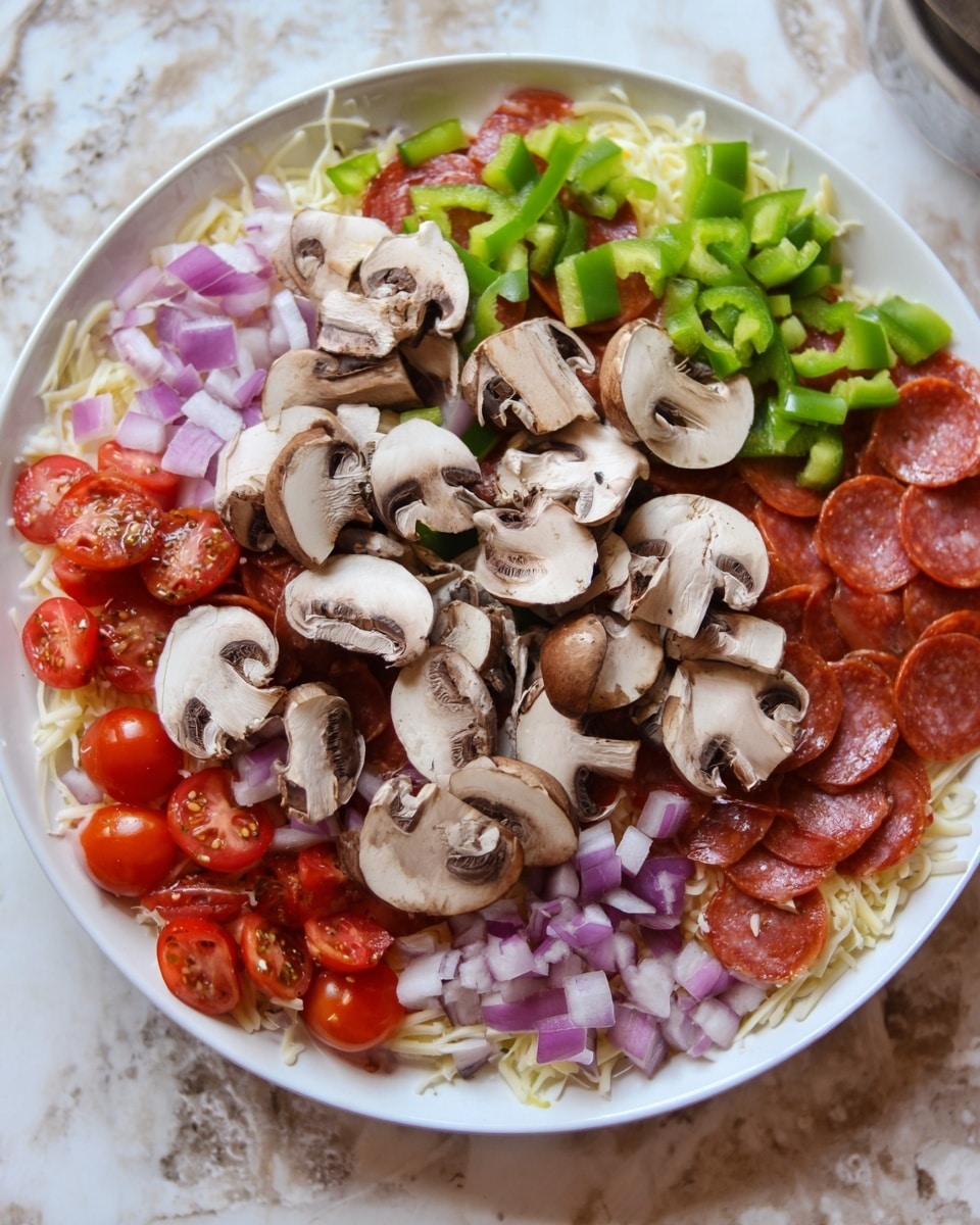 A white round plate holds a layered dish that begins with a base of shredded light yellow cheese and slices of red pepperoni. Above this are chopped green bell peppers, small pieces of white and purple onion, and whole and halved small red cherry tomatoes. Sliced brown and white mushrooms are scattered on top, showing their gills clearly. The plate is set on a white marbled textured surface. photo taken with an iphone --ar 4:5 --v 7