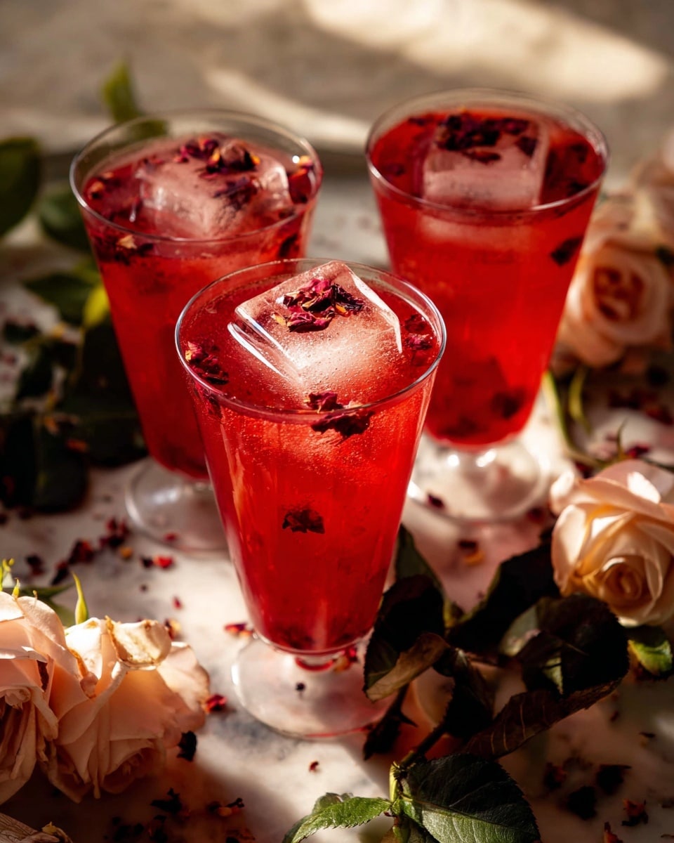Three tall clear glasses hold a bright red drink filled to near the top, each with a large square ice cube inside. Floating on the ice cubes are dark red dried flower petals. Small red seeds are scattered throughout the liquid, adding texture and depth. The glasses have thin stems and are sitting on a white marbled surface. Around the glasses, there are soft pale pink rose flowers with green leaves, some roses slightly wilted. The lighting creates warm, rich shadows and highlights the glossy texture of the drink. photo taken with an iphone --ar 4:5 --v 7