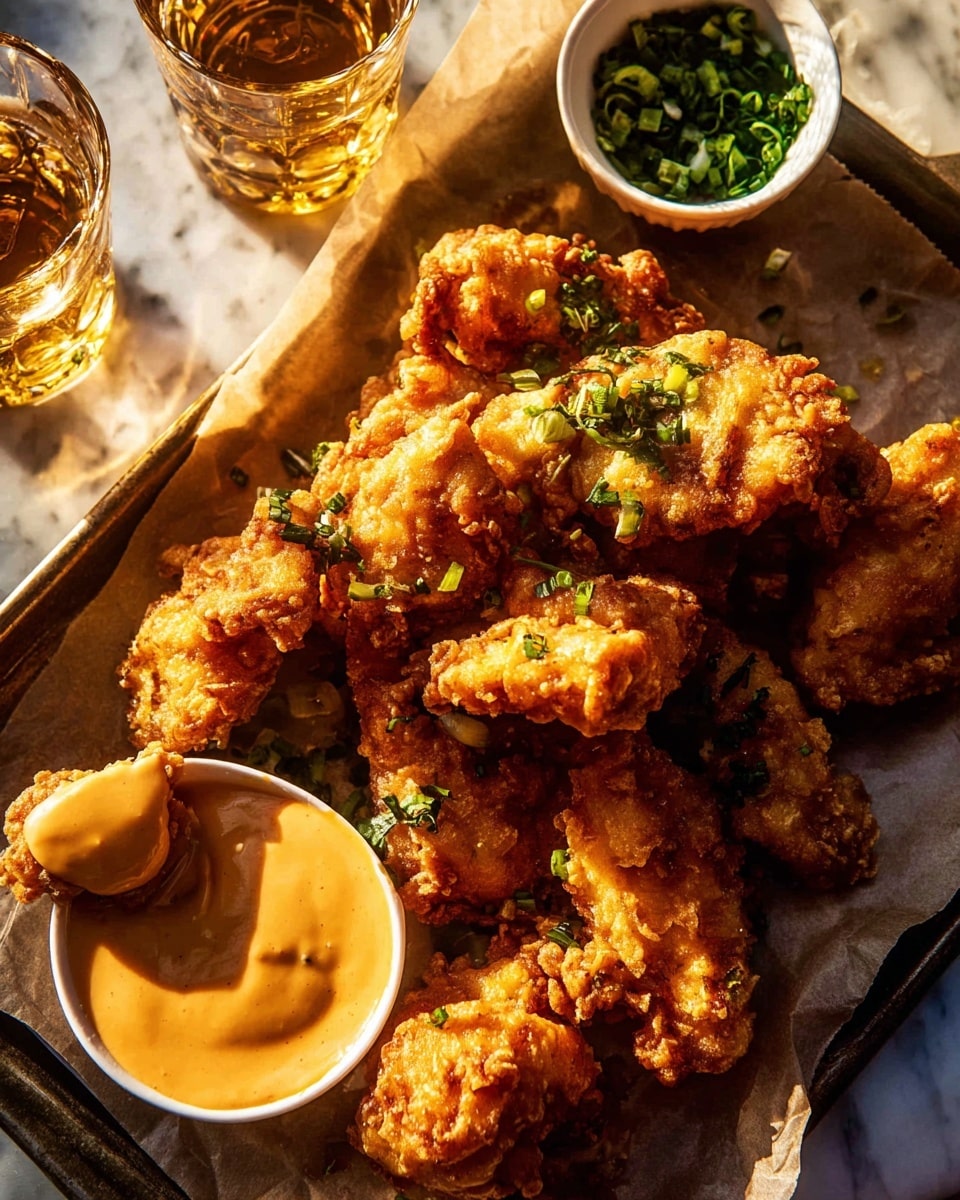 A pile of golden brown crispy fried chicken pieces sits on light brown parchment paper on a dark tray. The chicken has a rough, crunchy texture with some pieces topped with a smooth, creamy orange sauce. On the bottom left, one chicken piece is dipped halfway into the same sauce, visually creamy and thick. Next to it is a small white bowl filled with bright green chopped herbs. In the background, there are two glasses filled with a light amber drink, all placed on a white marbled surface. The light shines warmly on the food, enhancing the crunchy textures and rich colors. Photo taken with an iphone --ar 4:5 --v 7