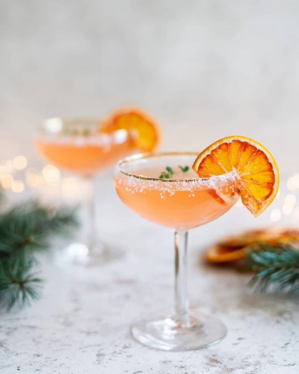 Two clear coupe glasses hold a pale pink drink with a sugar rim. Each glass is decorated with a slice of orange that has a gradient of bright orange and yellow shades, placed on the glass rim. Inside the drink, there is a small green herb sprig visible. The glasses stand on a white marbled surface with a blurred second glass and some green pine leaves in the background. The overall light is soft and natural, creating a fresh and elegant look. Photo taken with an iphone --ar 4:5 --v 7