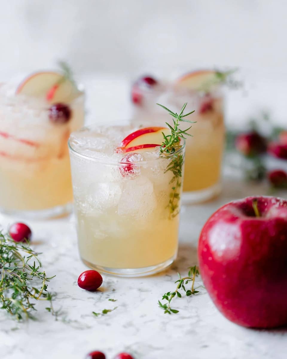 The image shows three clear glasses filled with a two-layer drink; the bottom layer is a light yellow shade, while the top layer is a pale, almost clear icy layer topped with ice cubes. Each glass has a thin slice of red fruit inside, curving along the side, and a small sprig of green herb floating on top. The glasses rest on a white marbled surface scattered with small green herb branches and a few red berries. On the right side, a shiny red apple is placed near the glasses, adding a bright pop of color to the scene. The background is softly blurred and also white, emphasizing the freshness and coolness of the drinks. photo taken with an iphone --ar 4:5 --v 7