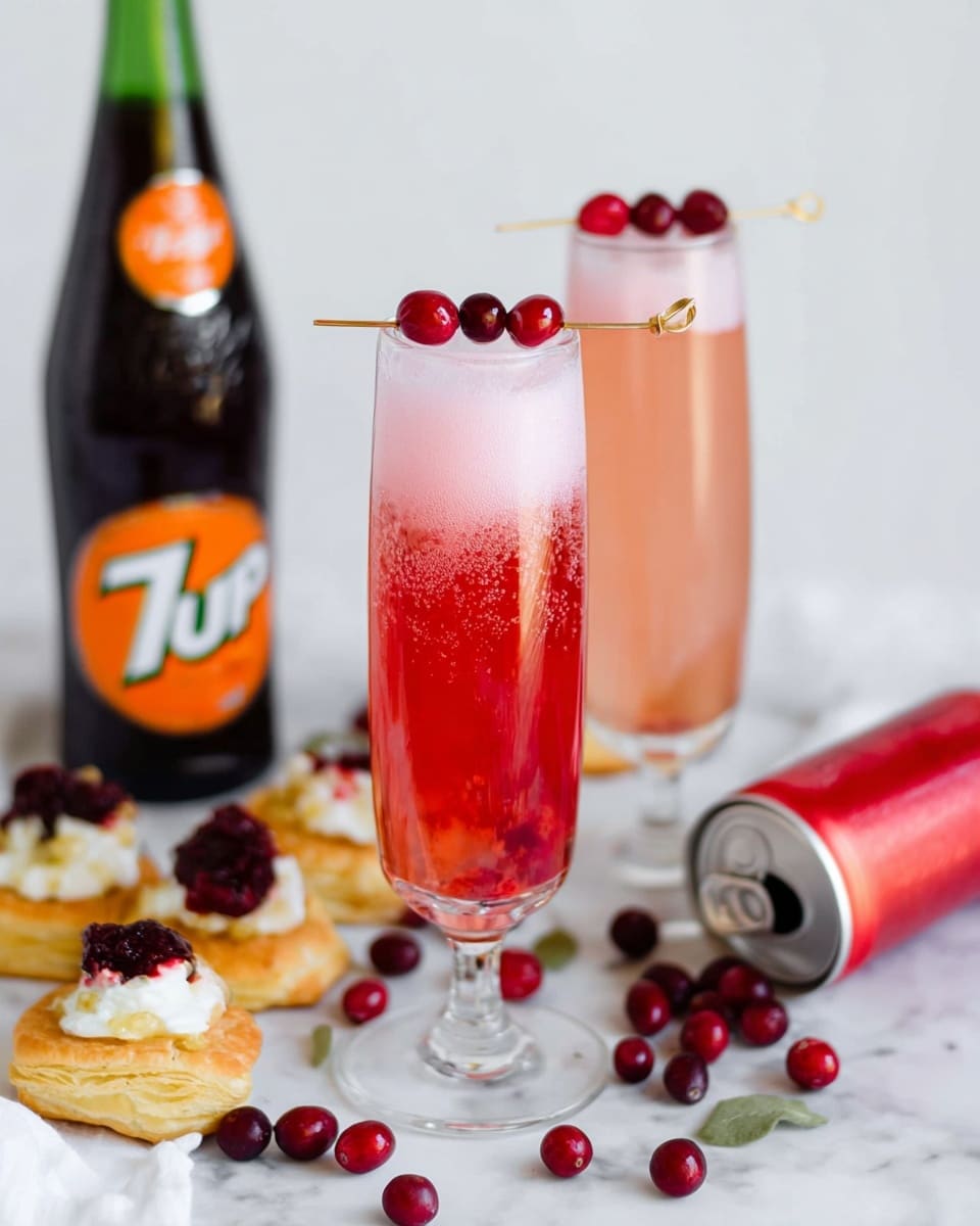 The image shows two tall, clear glasses filled with pink layered drinks, each topped with three red cranberries skewered on a thin stick resting horizontally on the glass rims. The front glass has a bright pink layer with foam on top, while the back glass has a lighter pink color with a deeper red layer at the bottom. Scattered around the base of the glasses are fresh cranberries and small puff pastry bites topped with soft white cheese and dark red jam. To the left, there is a large dark glass bottle with an orange label, and to the right, an opened red 7UP can lying on its side. The scene is set on a white marbled surface with a white background. photo taken with an iphone --ar 4:5 --v 7